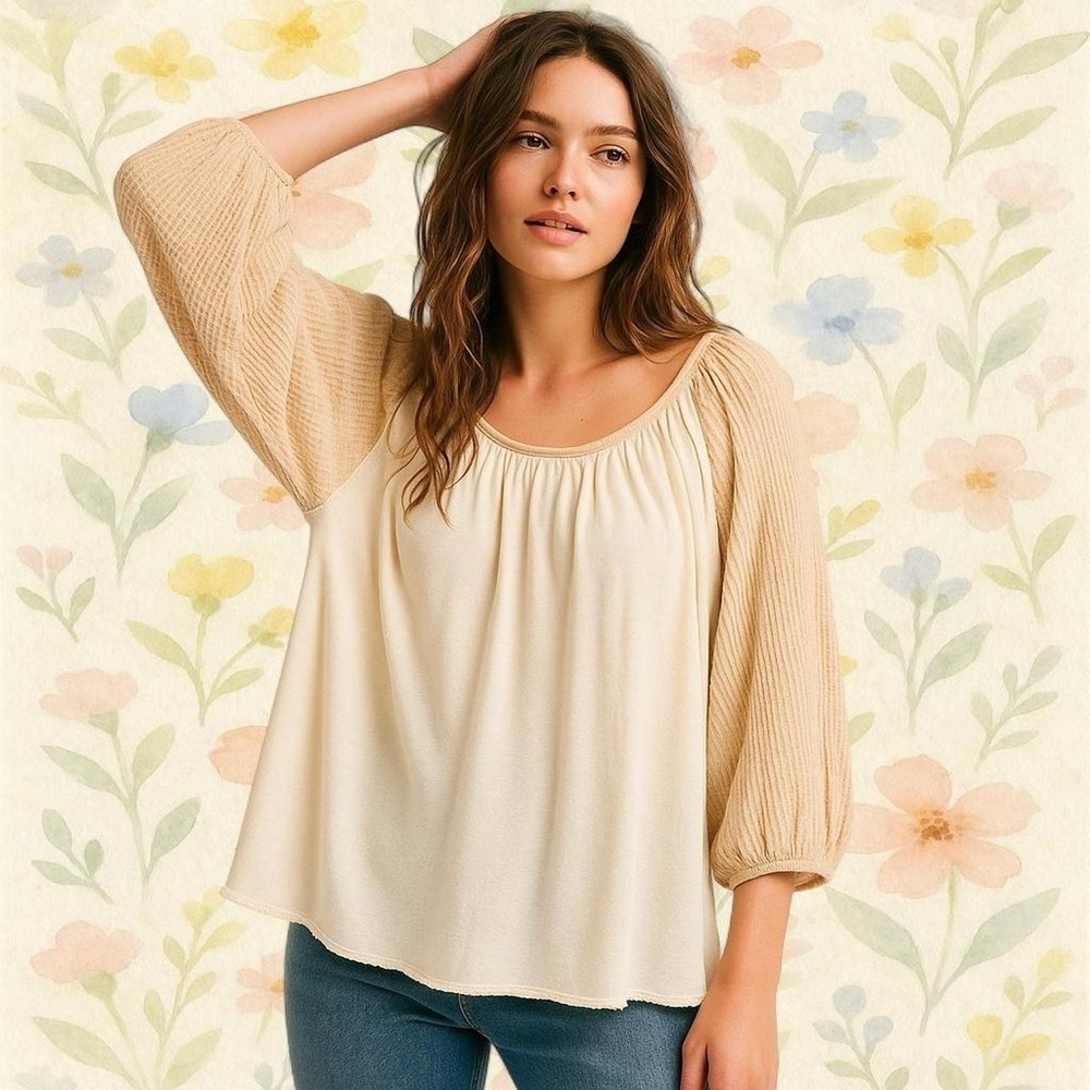 We The Free by Free People Cream Peasant Top – Size M Textured Sleeves Boho